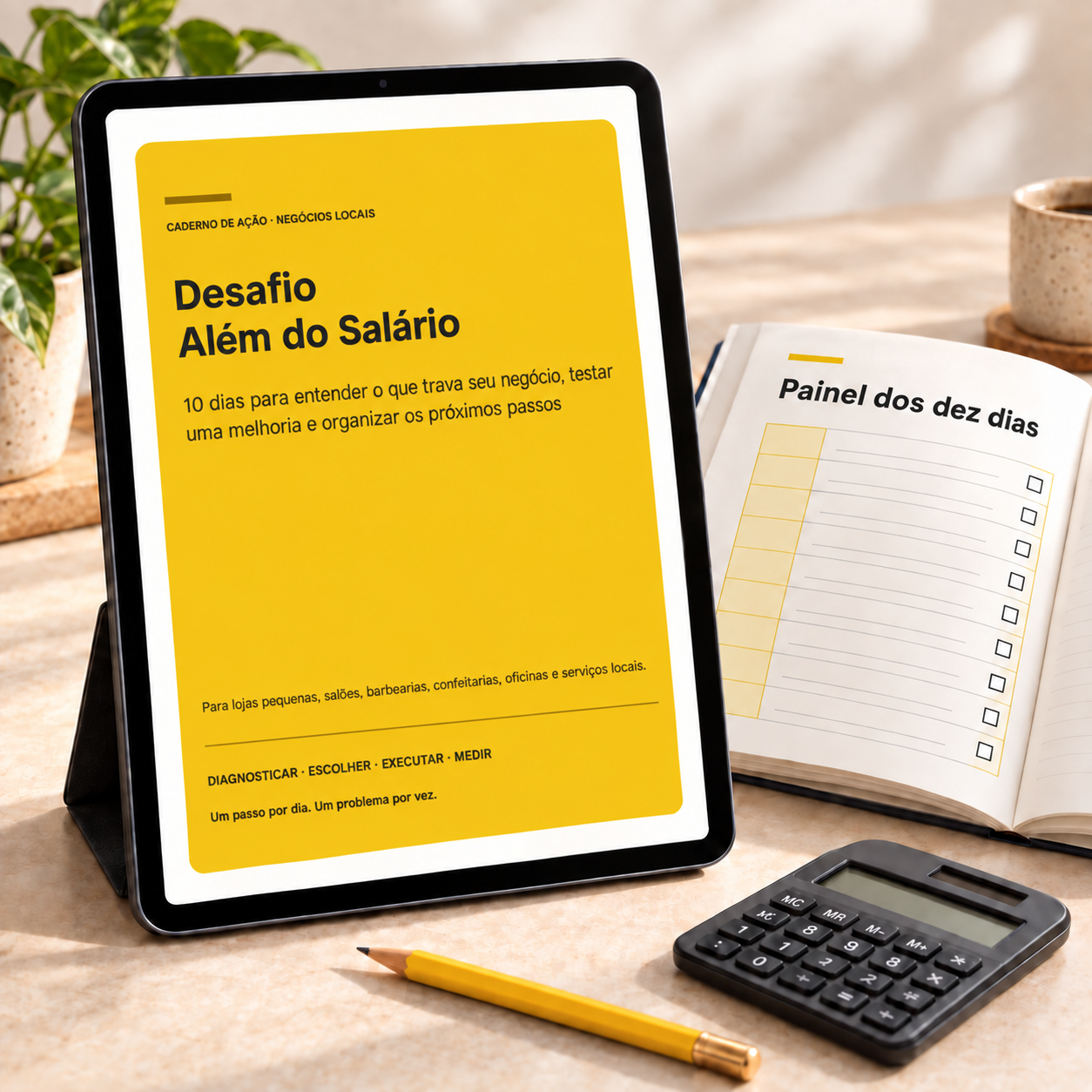 Ebook Desafio Além do Salário com capa amarela em um tablet, ao lado de um caderno de exercícios